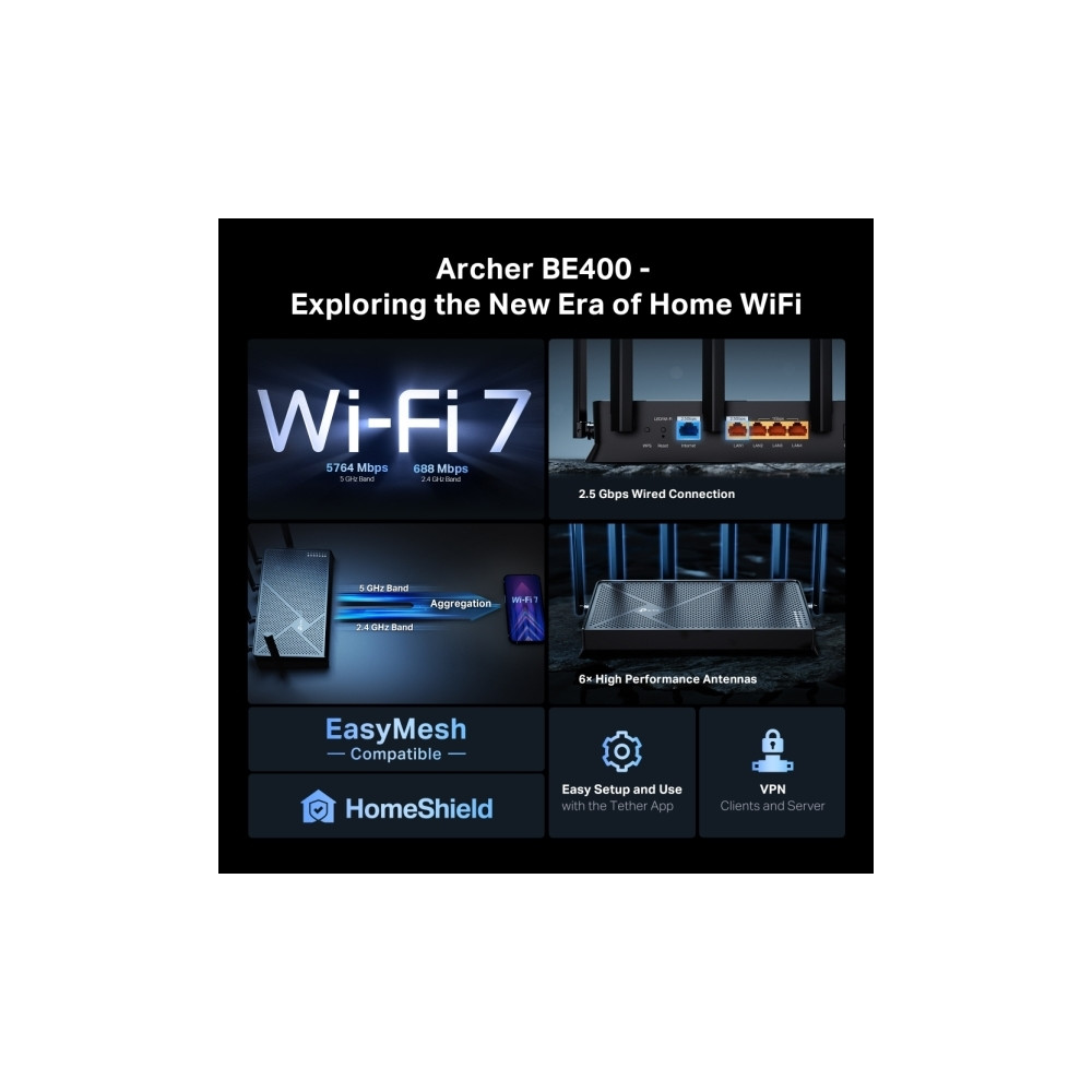 Produktbild för TP-Link Archer BE400 V1 - trådlös router - Wi-Fi 7 - skrivbordsmodell