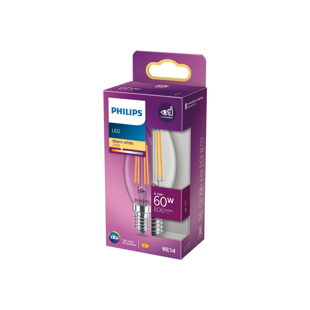 Produktbild för Philips LED - LED-glödlampa - form: ljus - E14 - 6.5 W - varmt vitt ljus - 2700 K - klar