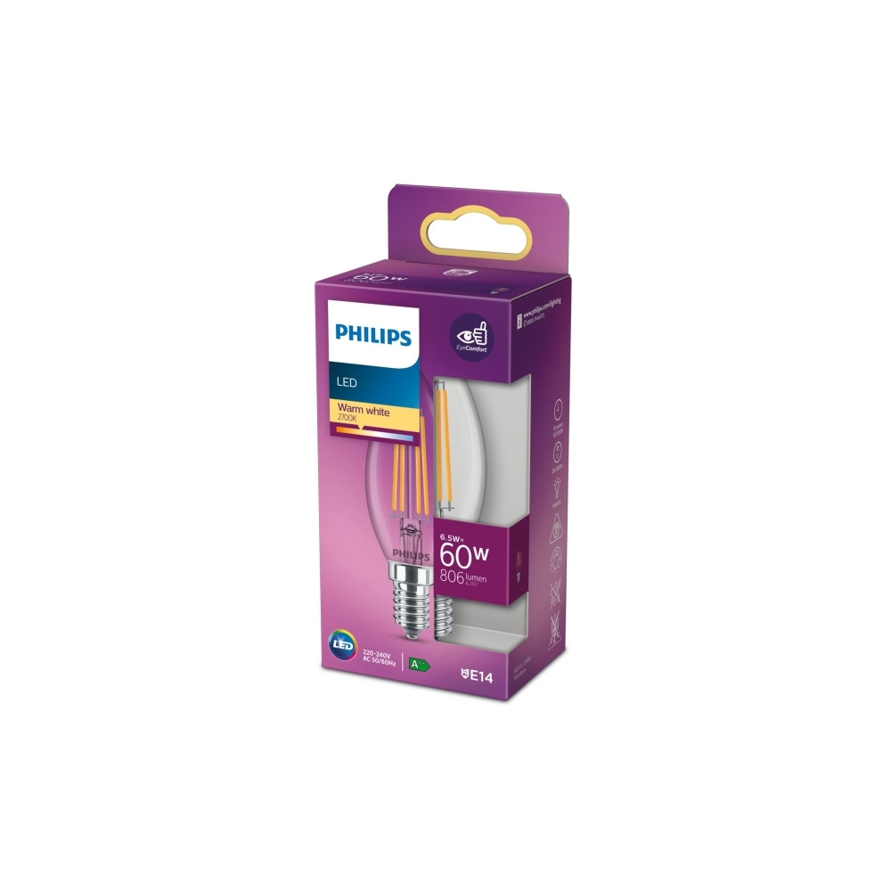 Produktbild för Philips LED - LED-glödlampa - form: ljus - E14 - 6.5 W - varmt vitt ljus - 2700 K - klar