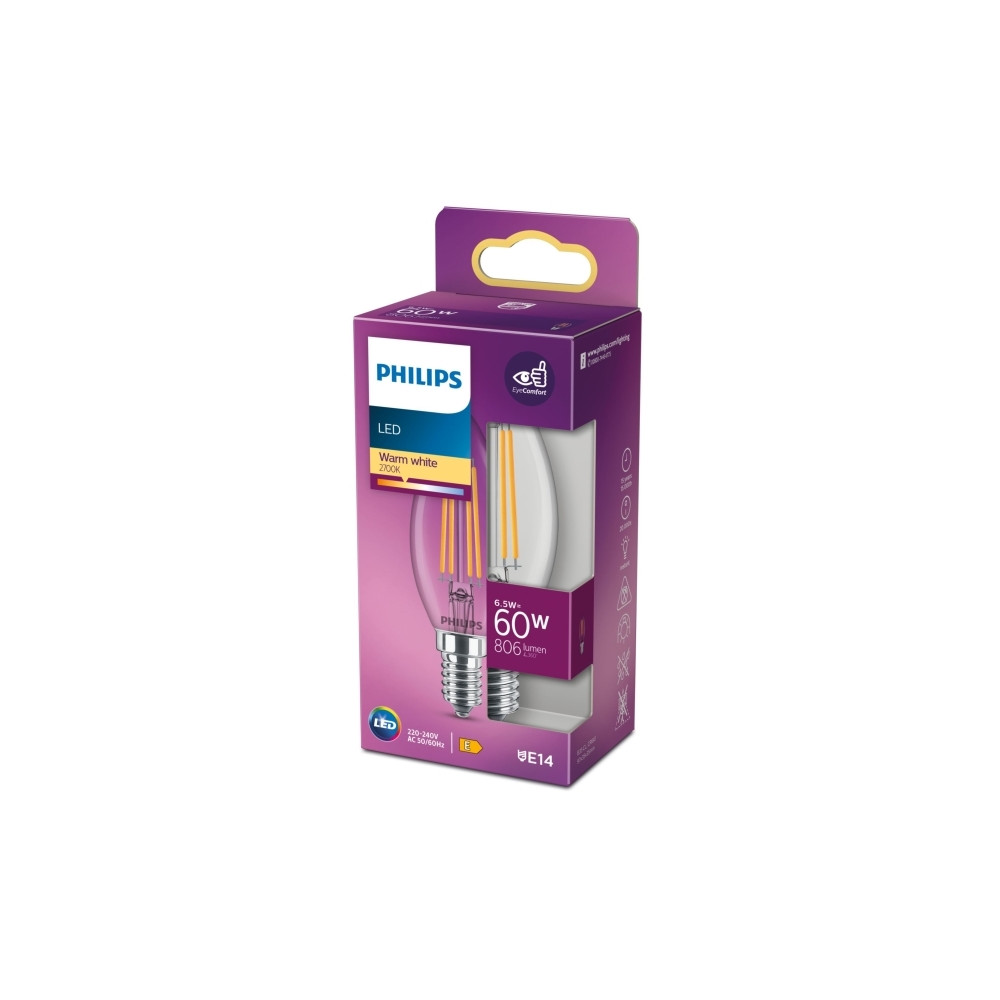 Produktbild för Philips LED - LED-glödlampa - form: ljus - E14 - 6.5 W - varmt vitt ljus - 2700 K - klar