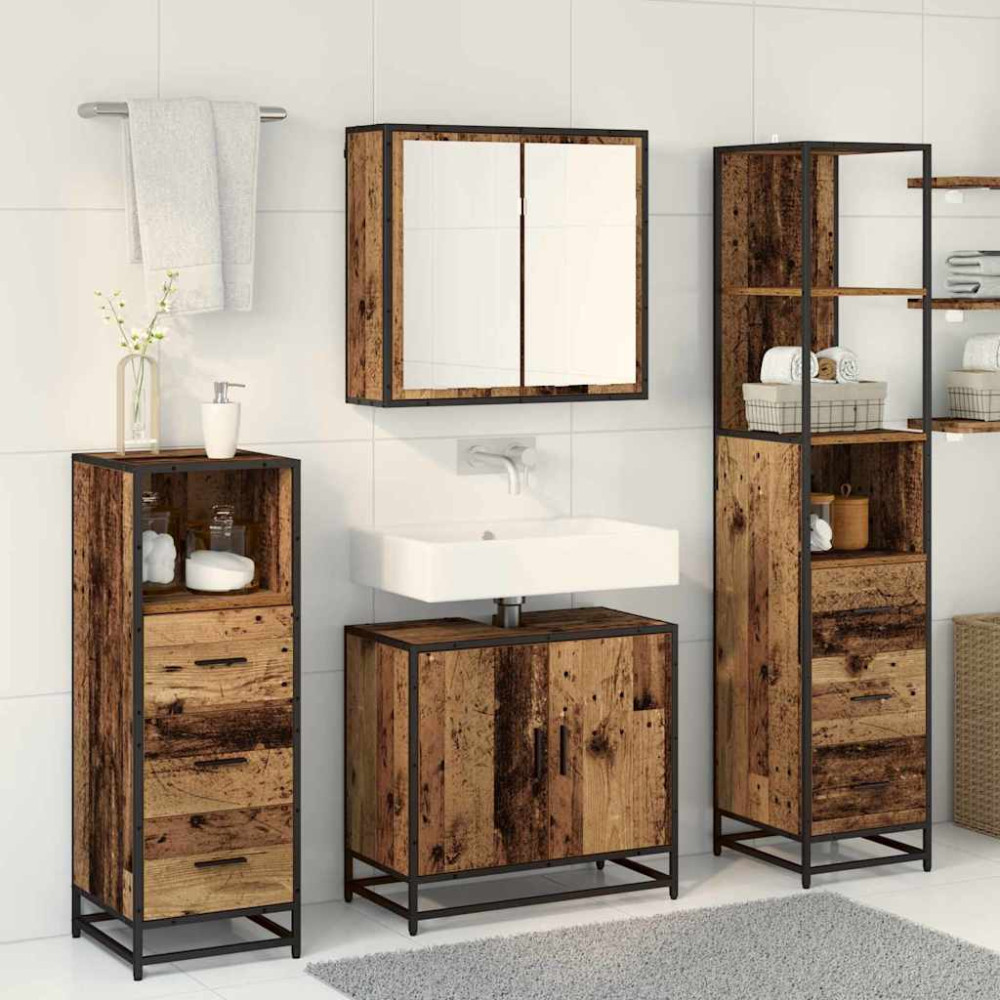 Produktbild för Badrumsmöbelset med låda 4 pcs Gammalt trä Konstruerat trä