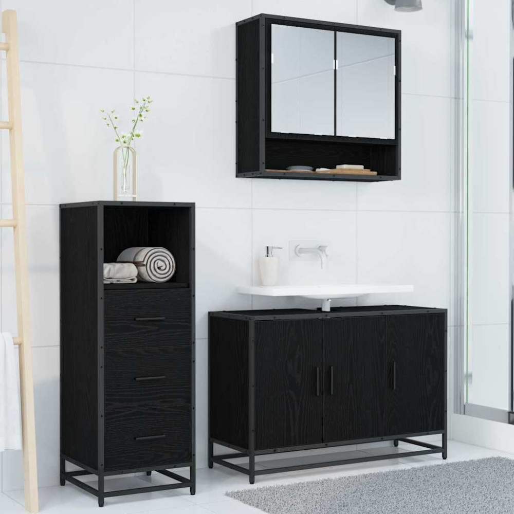 Produktbild för Badrumsmöbelset med låda 3 pcs Svart Ek Konstruerat trä