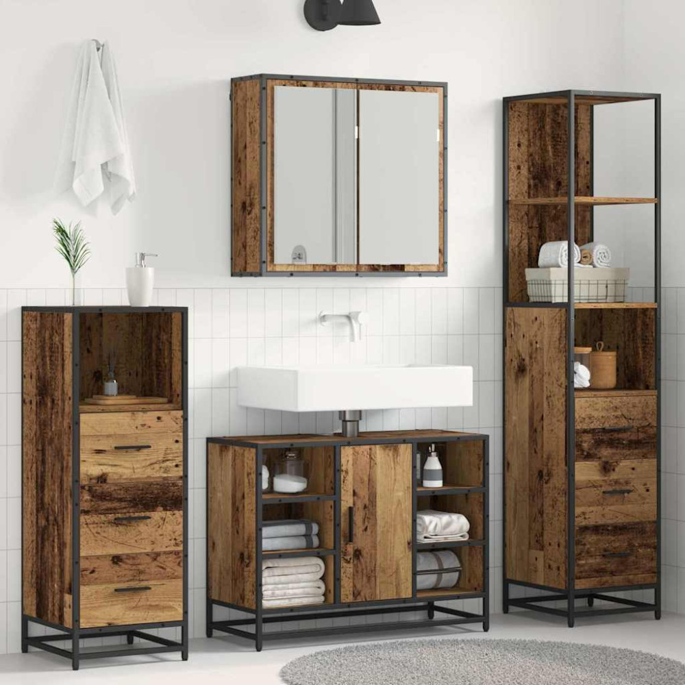 Produktbild för Badrumsmöbelset med låda 3 pcs Gammalt trä Konstruerat trä