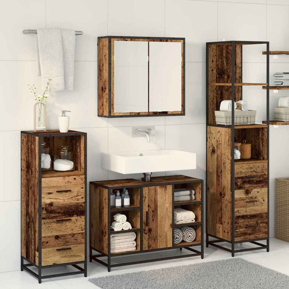Produktbild för Badrumsmöbelset med låda 3 pcs Gammalt trä Konstruerat trä