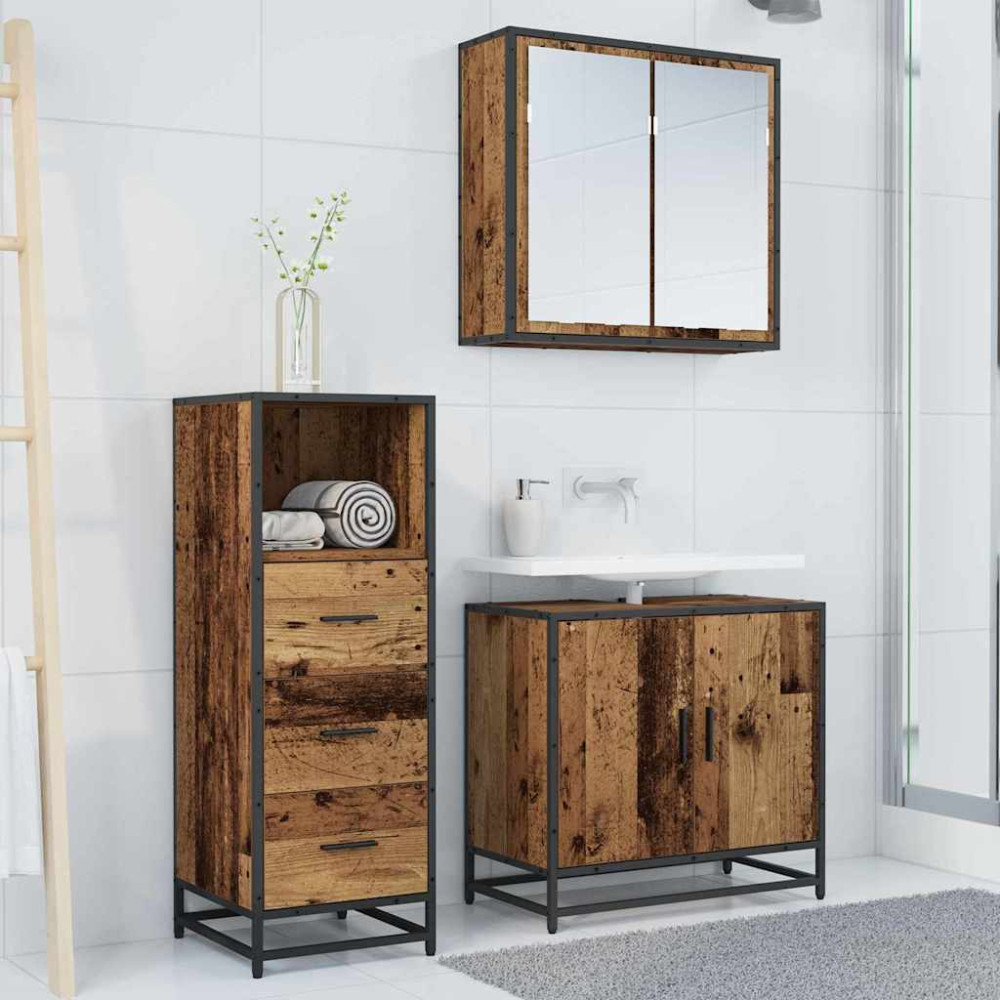 Produktbild för Badrumsmöbelset med låda 3 pcs Gammalt trä Konstruerat trä