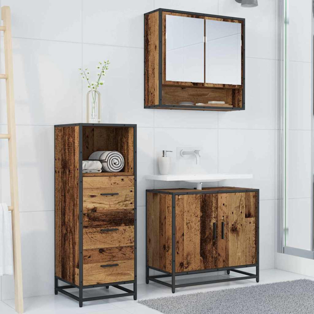 Produktbild för Badrumsmöbelset med låda 3 pcs Gammalt trä Konstruerat trä