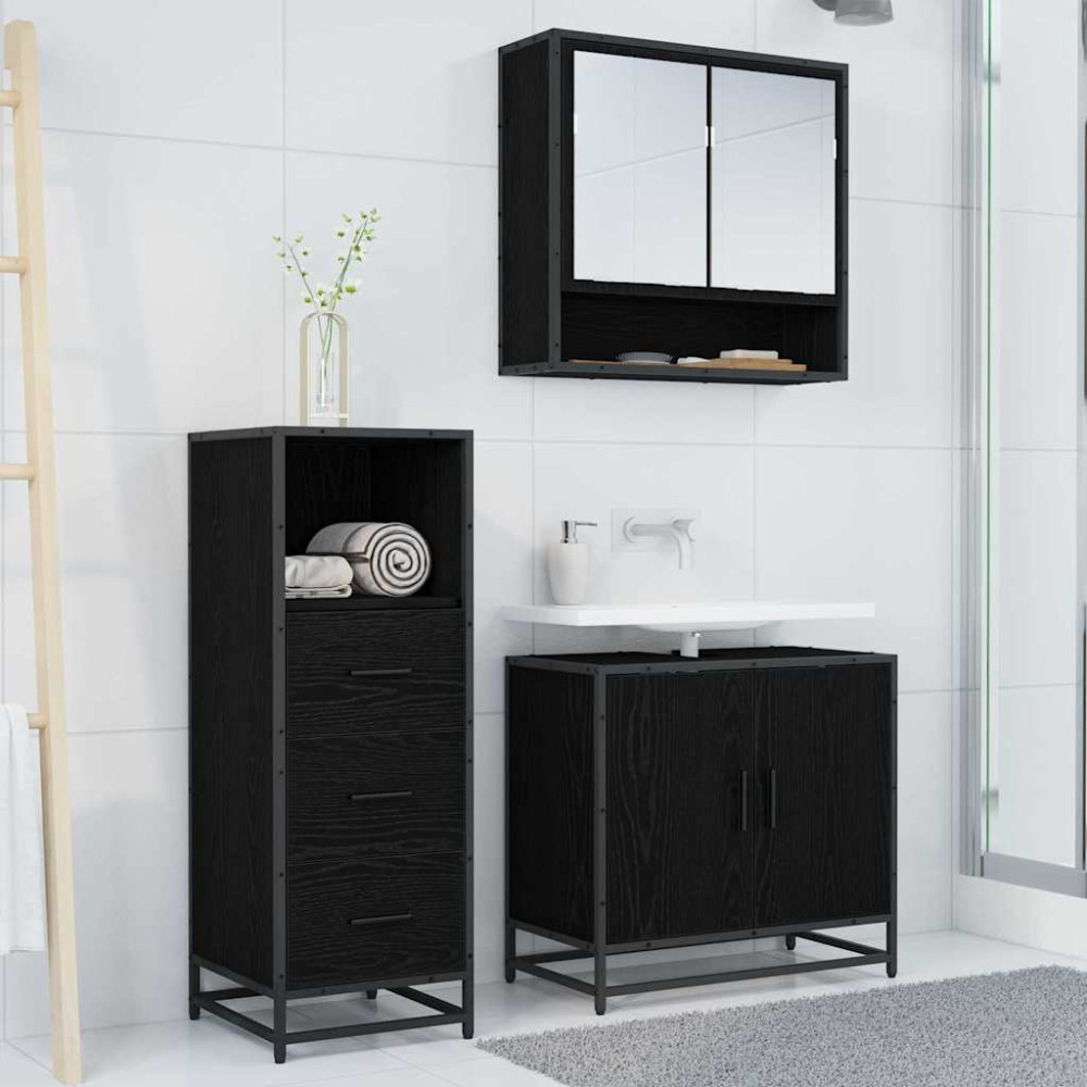Produktbild för Badrumsmöbelset med låda 3 pcs Svart Ek Konstruerat trä