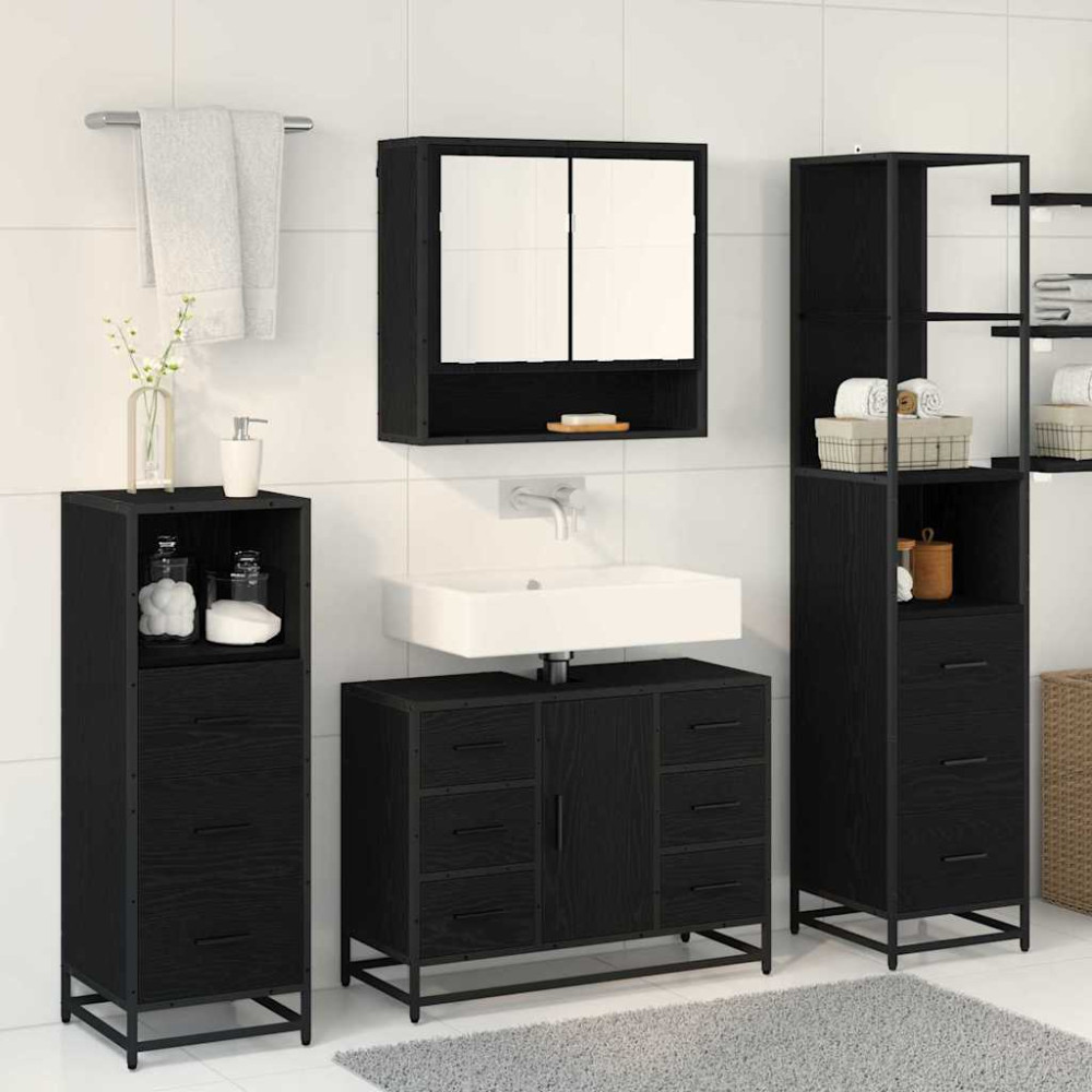 Produktbild för Badrumsmöbelset med låda 4 pcs Svart Ek Konstruerat trä