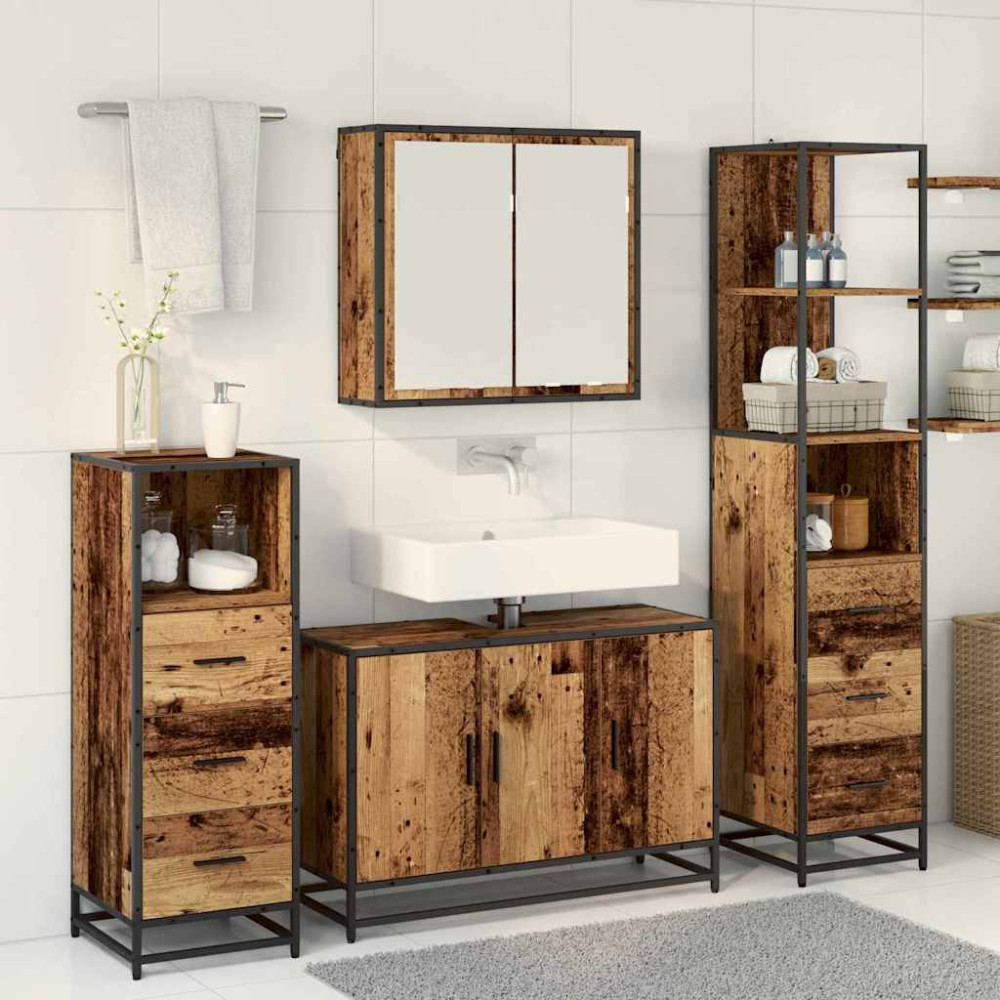 Produktbild för Badrumsmöbelset med låda 4 pcs Gammalt trä Konstruerat trä