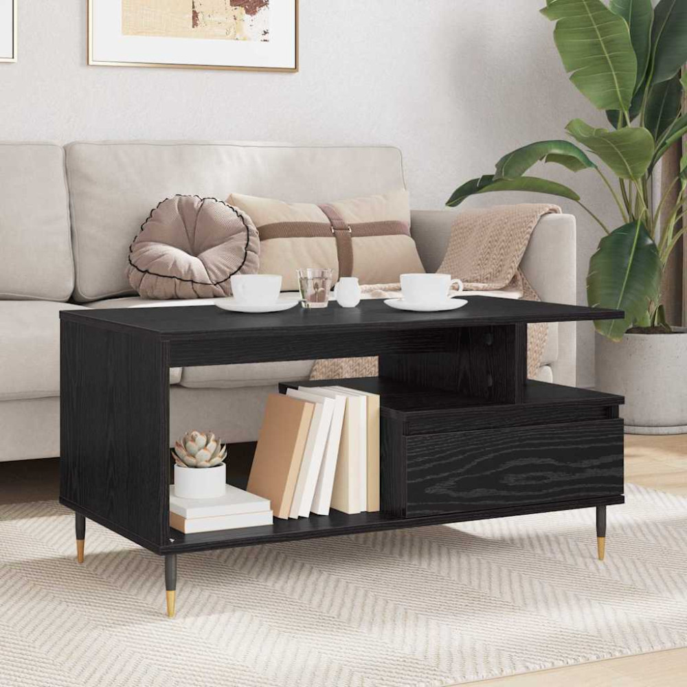Produktbild för Kaffeebord med låda Svart Ek 90 x 49 x 45 cm Konstruerat trä