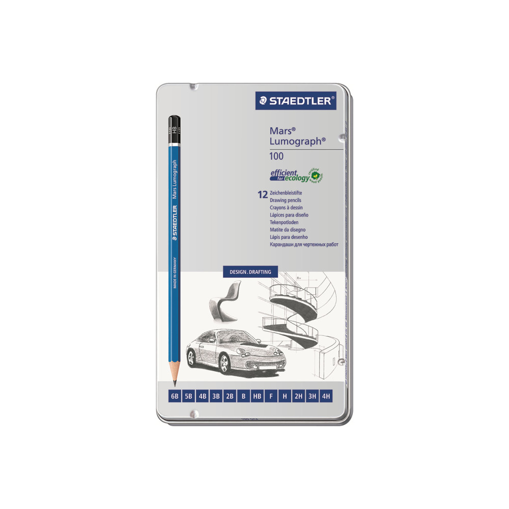 Produktbild för STAEDTLER Mars Lumograph - penna - 2B, 2H, 3B, 3H, 4B, 4H, 5B, 6B, B, F, H, HB (paket om 12)