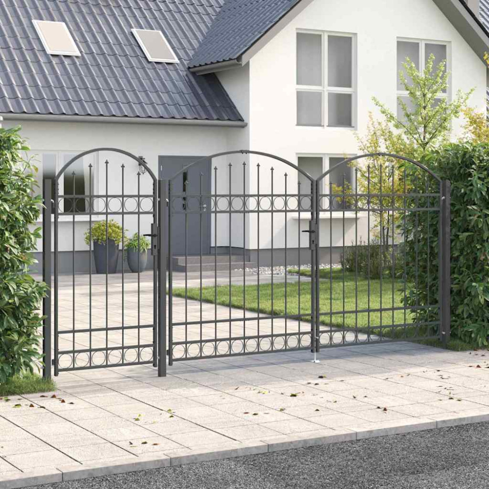 Produktbild för Trädgårdsgrind med böjd topp Assen Grå 400 x 125 cm Stål