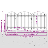 Produktbild för Trädgårdsgrind med böjd topp Assen Grå 400 x 125 cm Stål