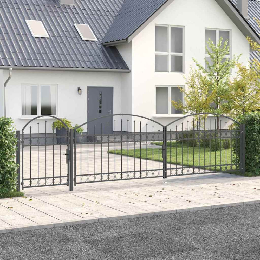 Produktbild för Trädgårdsgrind med böjd topp Assen Grå 500 x 75 cm Stål