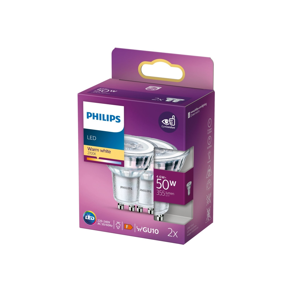Produktbild för Philips - LED-spotlight - GU10 - 4.6 W - varmt vitt ljus - 2700 K (paket om 2)