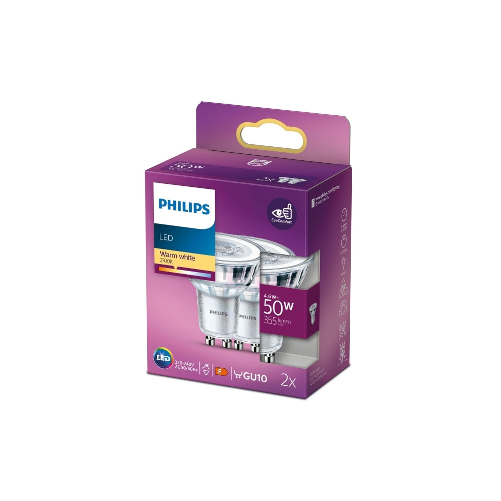 Produktbild för Philips - LED-spotlight - GU10 - 4.6 W - varmt vitt ljus - 2700 K (paket om 2)
