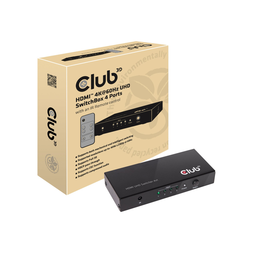 Produktbild för Club 3D SenseVision CSV-1370 - video-/ljudomkopplare - 4 portar
