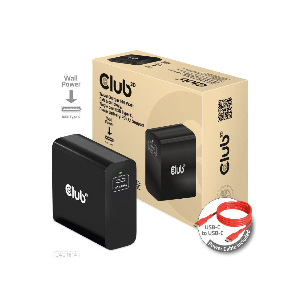 Produktbild för Club 3D CAC-1914 strömadapter - GaN-teknik, en port - USB-C - 140 watt