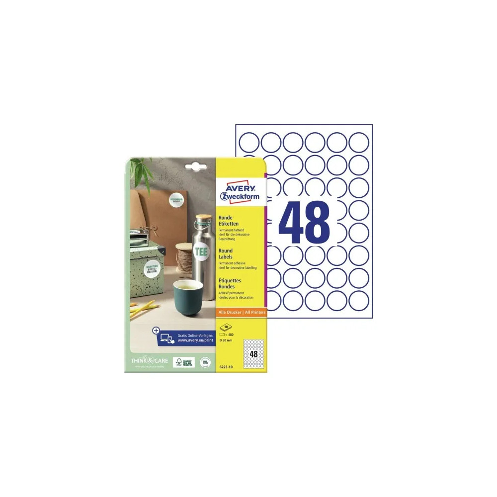 Produktbild för Avery 6223-10 Ø 30 mm A4 vit runda etiketter för permanent m...