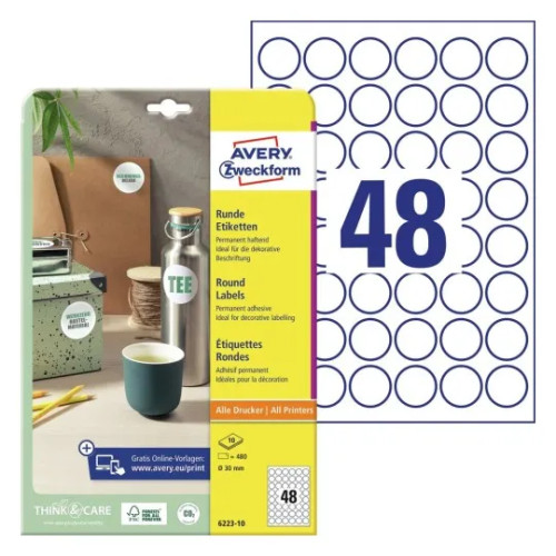 AVERY Avery 6223-10 Ø 30 mm A4 vit runda etiketter för permanent m...
