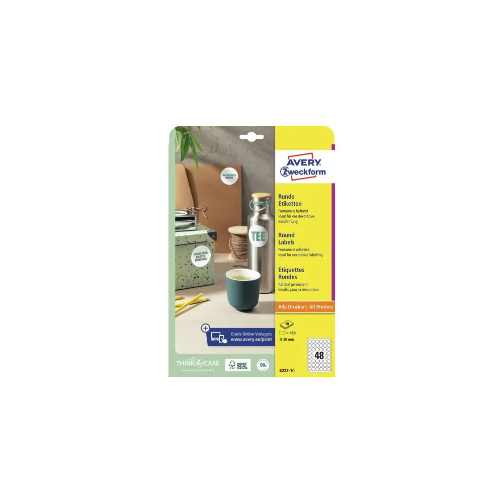 Produktbild för Avery 6223-10 Ø 30 mm A4 vit runda etiketter för permanent m...