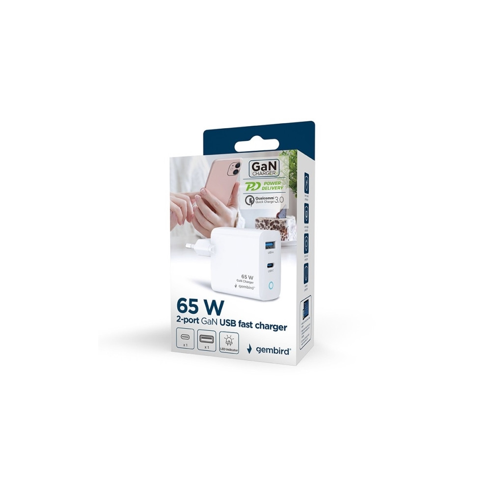 Produktbild för GEMBIRD GEMBIRD GaN 2-portars USB-snabbladdare 65W USB typ C...