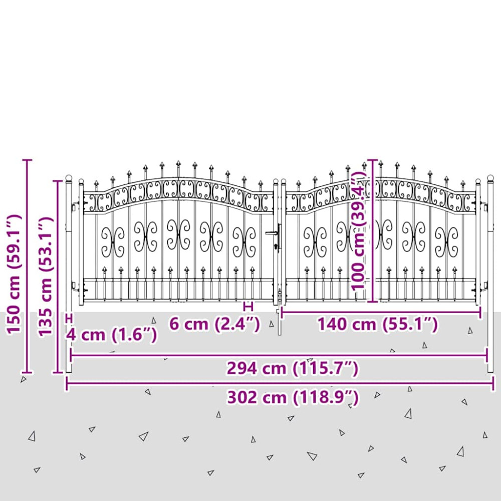 Produktbild för Grind med spetstopp KAMPEN 305 x 100 cm Stål Grå Låsbar