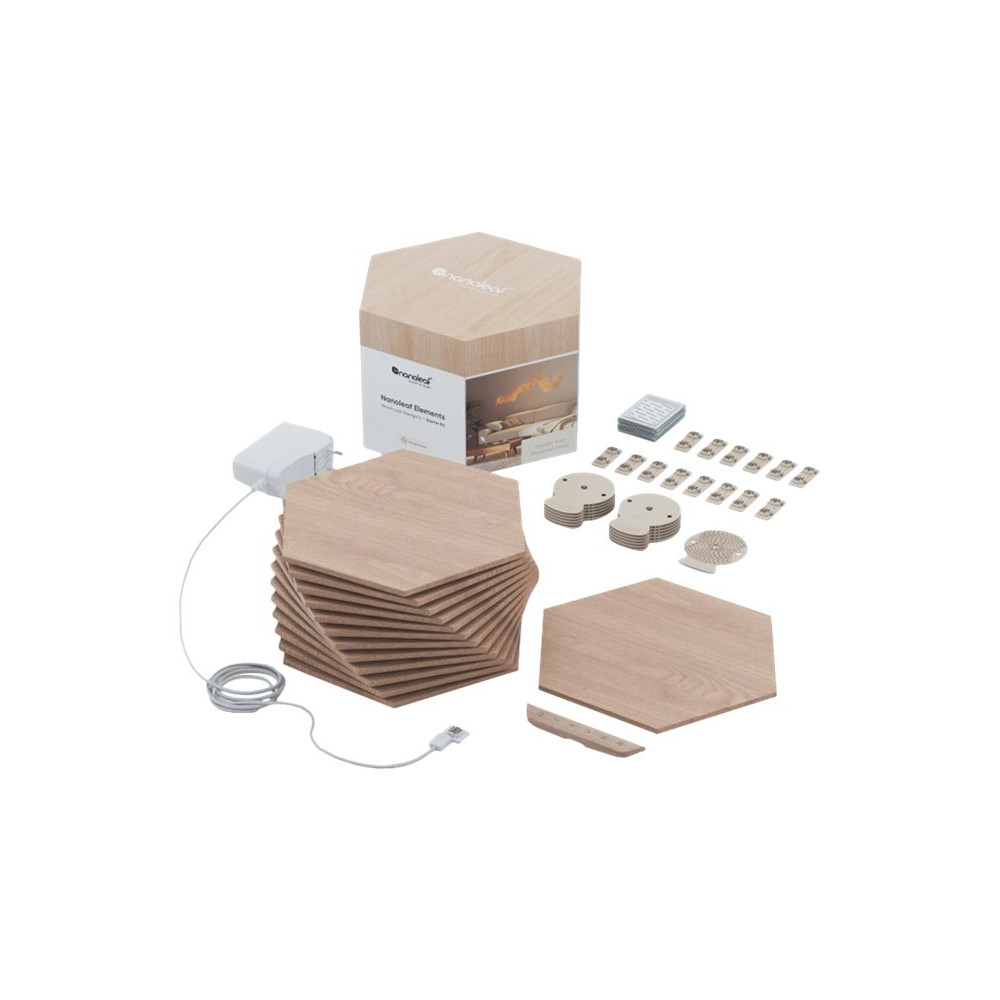 Produktbild för Nanoleaf Elements Starter Kit - trådlös belysningspanel - LED x 13 - 1.91 W - totalt: 24.83 W - varmt till kallt vitt ljus - sexhörning - trä