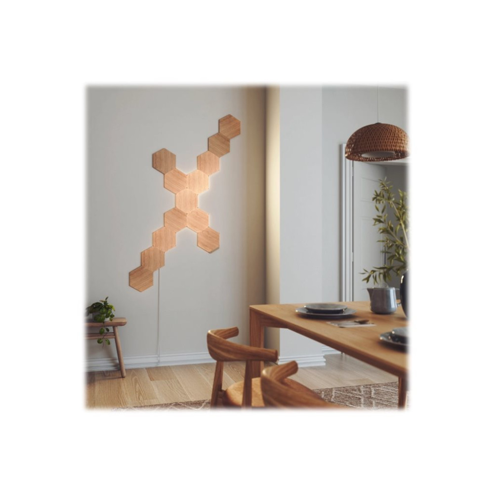Produktbild för Nanoleaf Elements Starter Kit - trådlös belysningspanel - LED x 13 - 1.91 W - totalt: 24.83 W - varmt till kallt vitt ljus - sexhörning - trä