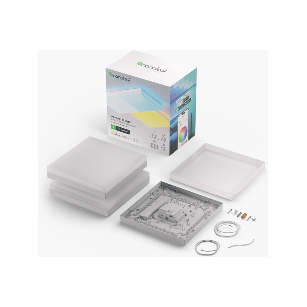 Produktbild för Nanoleaf Skylight Starter Kit - taklampspanel - LED - 300 x 300 mm - 16 W - totalt: 50 W - RGB/varmt till kallt vitt ljus - 2700-6500 K - fyrkantig (paket om 3)