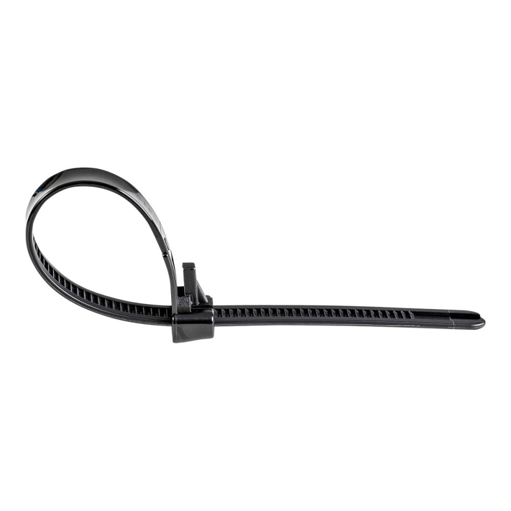 Produktbild för StarTech.com 20cm(8") Reusable Cable Ties, 7mm(1/4") wide, 50mm(1-7/8") Bundle Dia. 22kg(50lb) Tensile Strength, Releasable Nylon Ties, Indoor/Outdoor, 94V-2/UL Listed, 100 Pack, Black - Nylon 66 Plastic - TAA (CBMZTRB8BK) - kabelsamlare - TAA-kompatibel