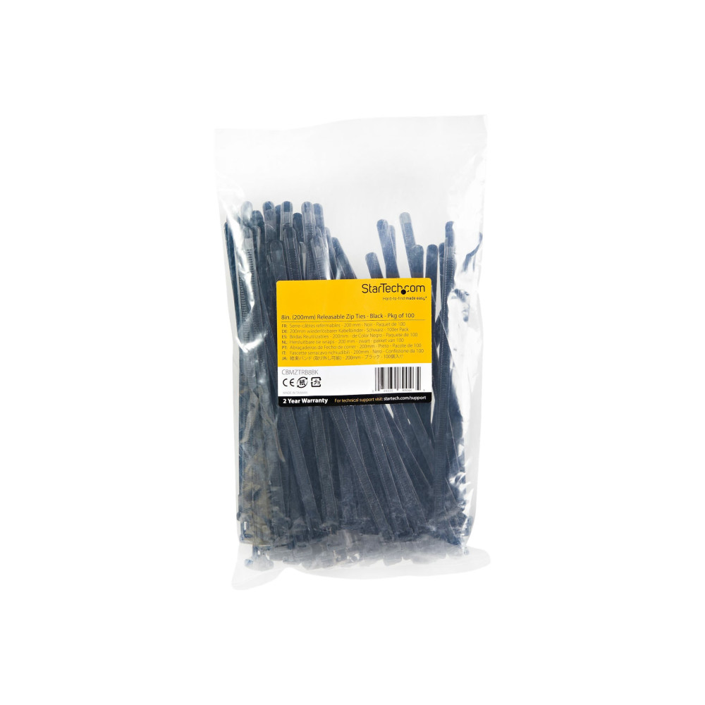 Produktbild för StarTech.com 20cm(8") Reusable Cable Ties, 7mm(1/4") wide, 50mm(1-7/8") Bundle Dia. 22kg(50lb) Tensile Strength, Releasable Nylon Ties, Indoor/Outdoor, 94V-2/UL Listed, 100 Pack, Black - Nylon 66 Plastic - TAA (CBMZTRB8BK) - kabelsamlare - TAA-kompatibel