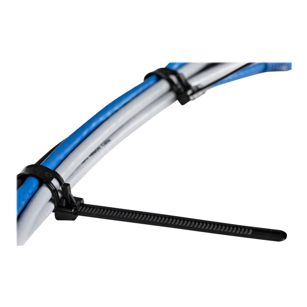 Produktbild för StarTech.com 20cm(8") Reusable Cable Ties, 7mm(1/4") wide, 50mm(1-7/8") Bundle Dia. 22kg(50lb) Tensile Strength, Releasable Nylon Ties, Indoor/Outdoor, 94V-2/UL Listed, 100 Pack, Black - Nylon 66 Plastic - TAA (CBMZTRB8BK) - kabelsamlare - TAA-kompatibel