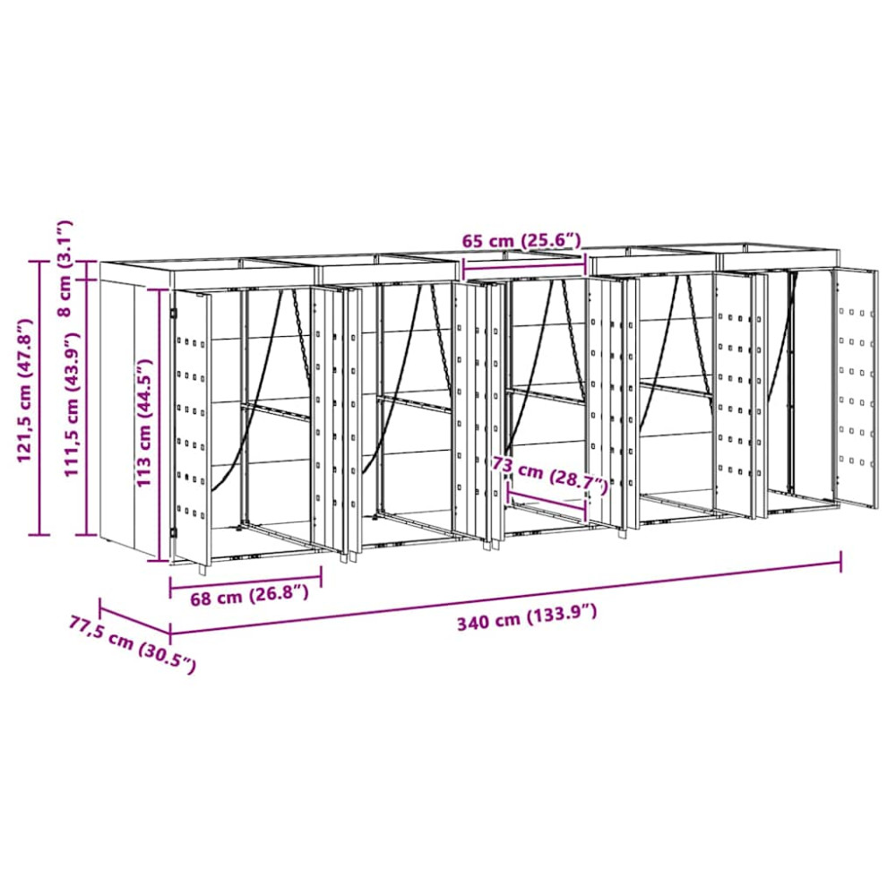 Produktbild för Förvaring för 5 soptunnor Svart 340 x 77,5 x 121,5 cm