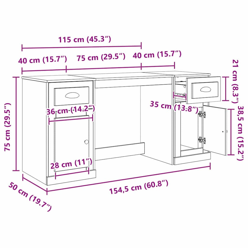 Produktbild för Skrivbord med skåp Svart Ek 154,5 x 50 x 75 cm Konstruerat trä