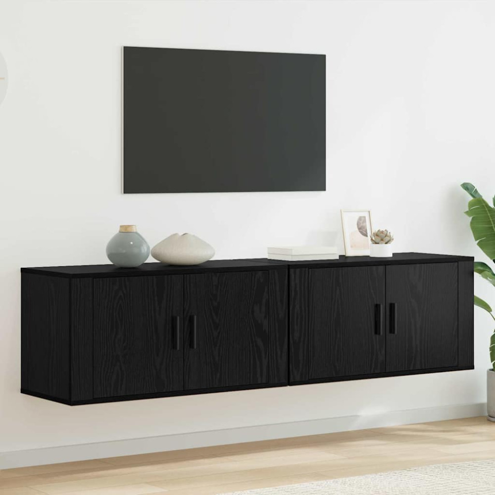 Produktbild för Väggmonterad TV-byrå Set 2 pcs Svart Ek 80 x 34,5 x 40 cm