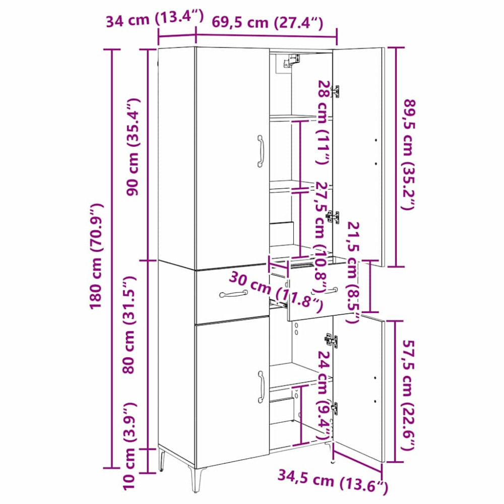 Produktbild för Skåp Väggmonterad Svart Ek 69,5 x 34 x 180 cm Konstruerat trä