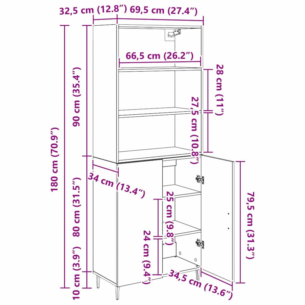 Produktbild för Skåp Svart Ek 69,5 x 34 x 180 cm Konstruerat trä och glas