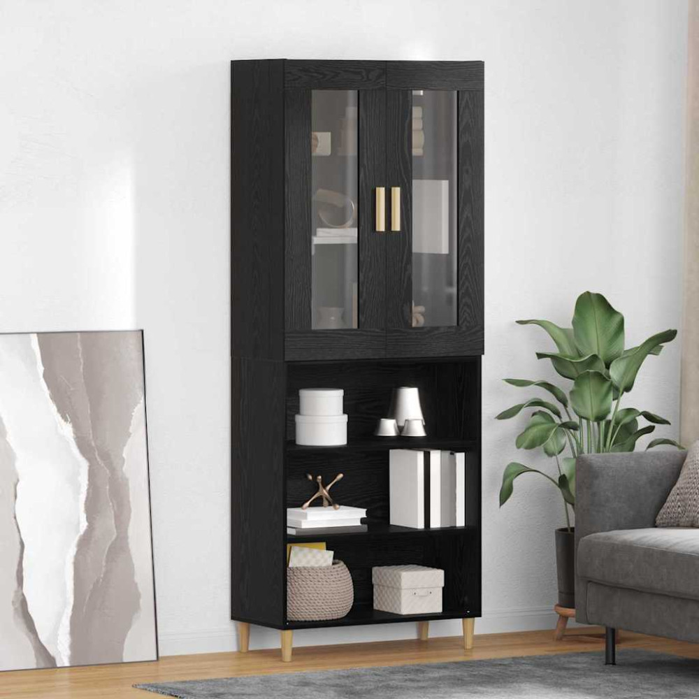 Produktbild för Skåp Svart Ek 69,5 x 34 x 180 cm Konstruerat trä och glas