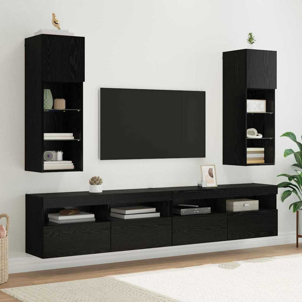 Produktbild för Väggmonterade TV-skåp med LED 2 pcs Svart Ek 30,5 x 30 x 90 cm