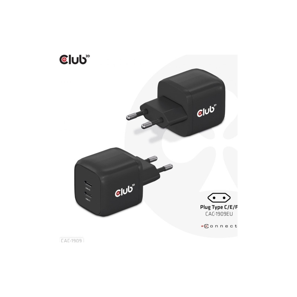 Produktbild för Club 3D CAC-1909 strömadapter - PPS- och GaN-teknik - 2 x USB-C - 45 watt