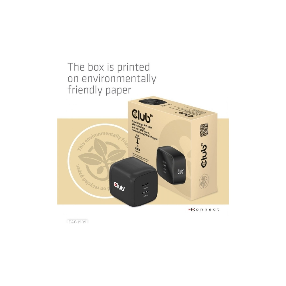 Produktbild för Club 3D CAC-1909 strömadapter - PPS- och GaN-teknik - 2 x USB-C - 45 watt