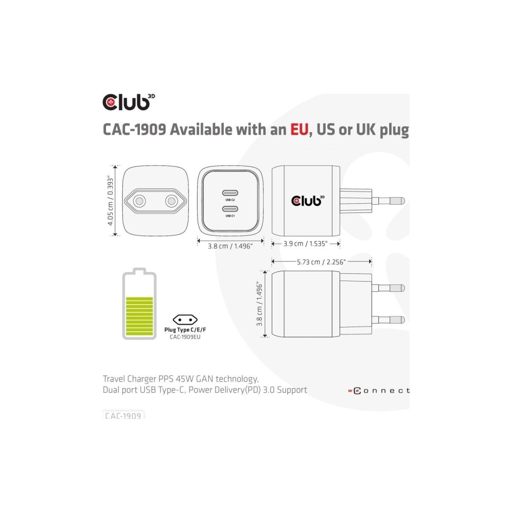 Produktbild för Club 3D CAC-1909 strömadapter - PPS- och GaN-teknik - 2 x USB-C - 45 watt