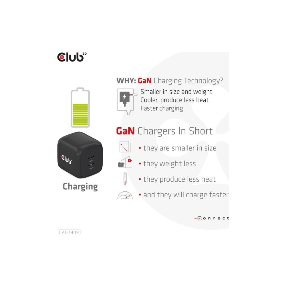 Produktbild för Club 3D CAC-1909 strömadapter - PPS- och GaN-teknik - 2 x USB-C - 45 watt