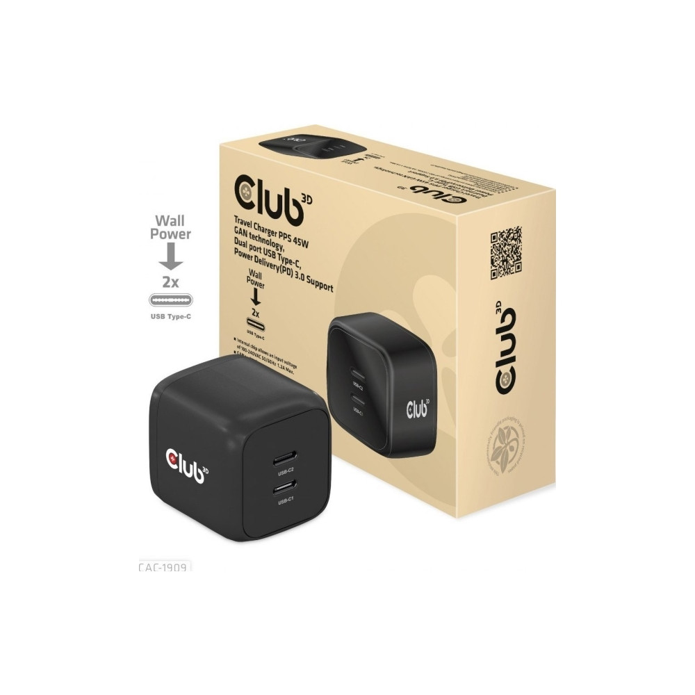 Produktbild för Club 3D CAC-1909 strömadapter - PPS- och GaN-teknik - 2 x USB-C - 45 watt