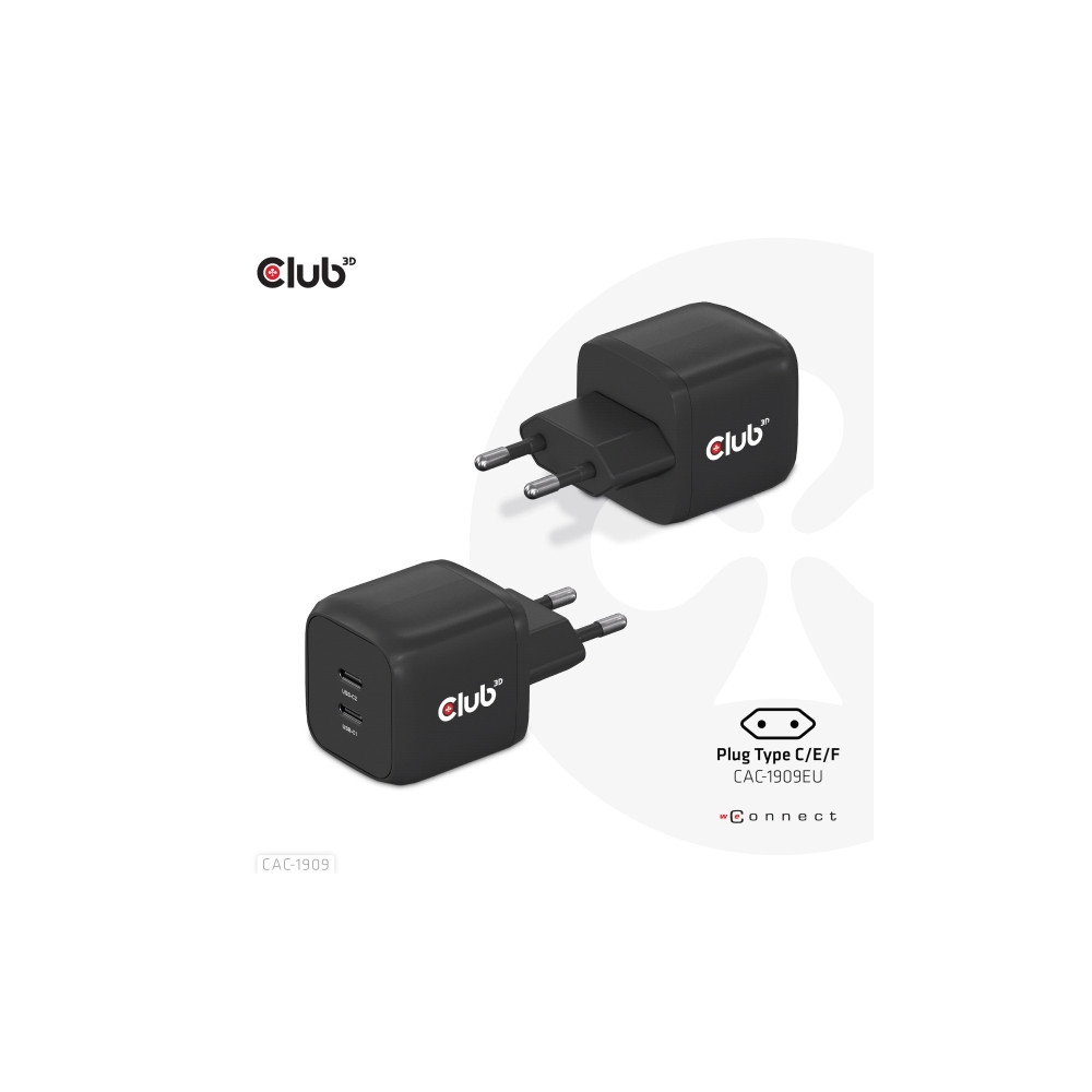 Produktbild för Club 3D CAC-1909 strömadapter - PPS- och GaN-teknik - 2 x USB-C - 45 watt