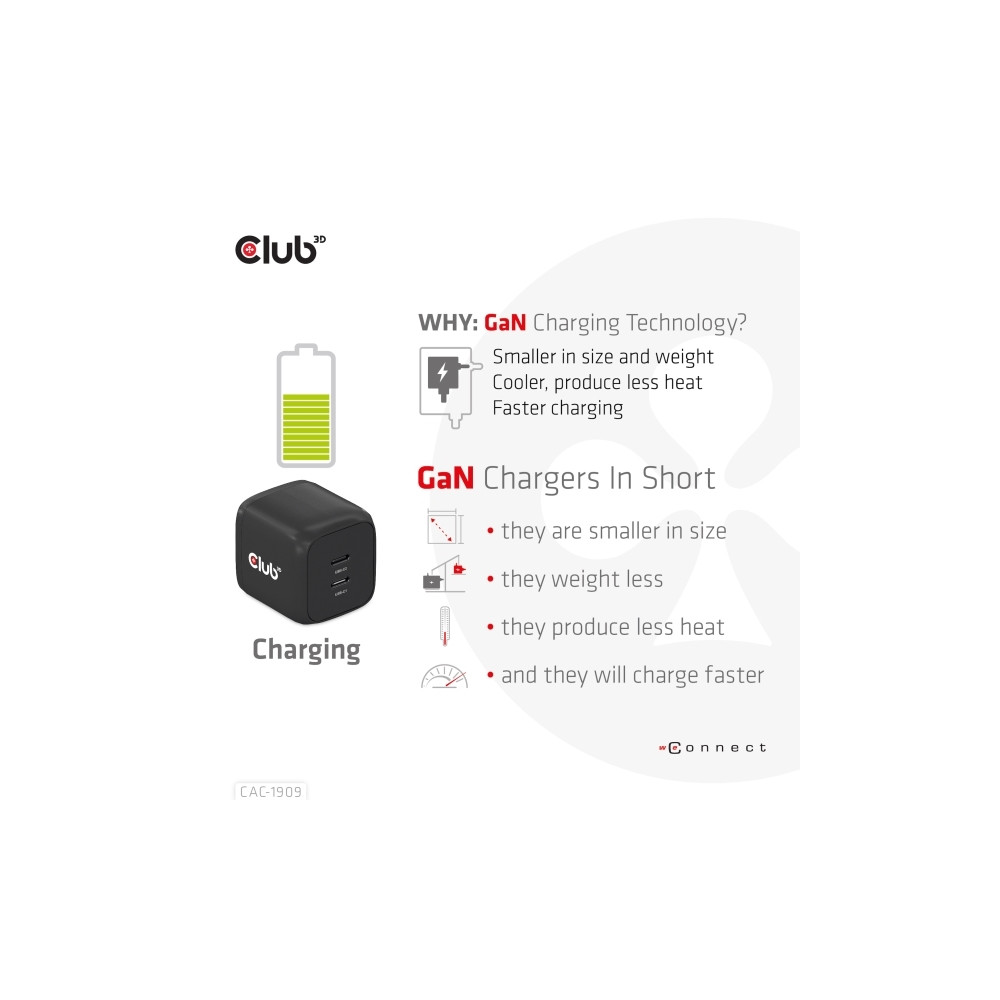 Produktbild för Club 3D CAC-1909 strömadapter - PPS- och GaN-teknik - 2 x USB-C - 45 watt
