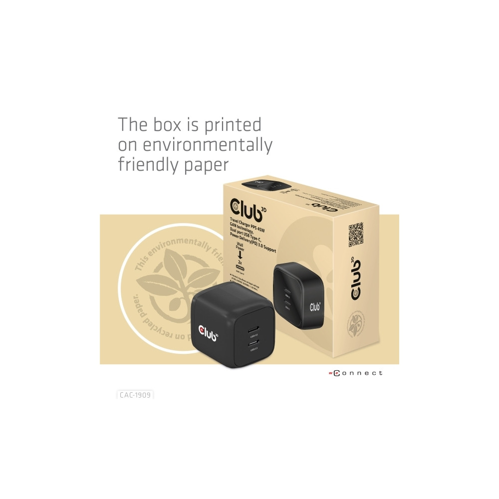 Produktbild för Club 3D CAC-1909 strömadapter - PPS- och GaN-teknik - 2 x USB-C - 45 watt