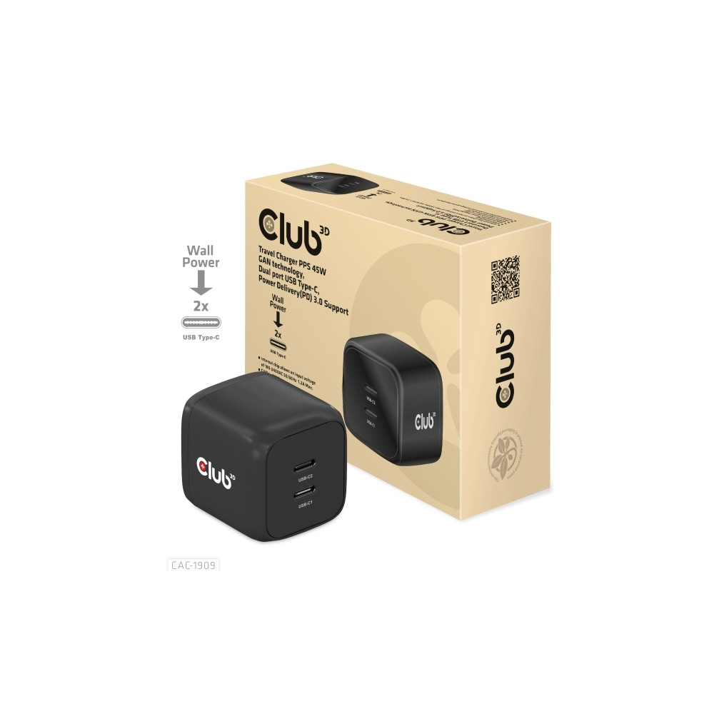 Produktbild för Club 3D CAC-1909 strömadapter - PPS- och GaN-teknik - 2 x USB-C - 45 watt