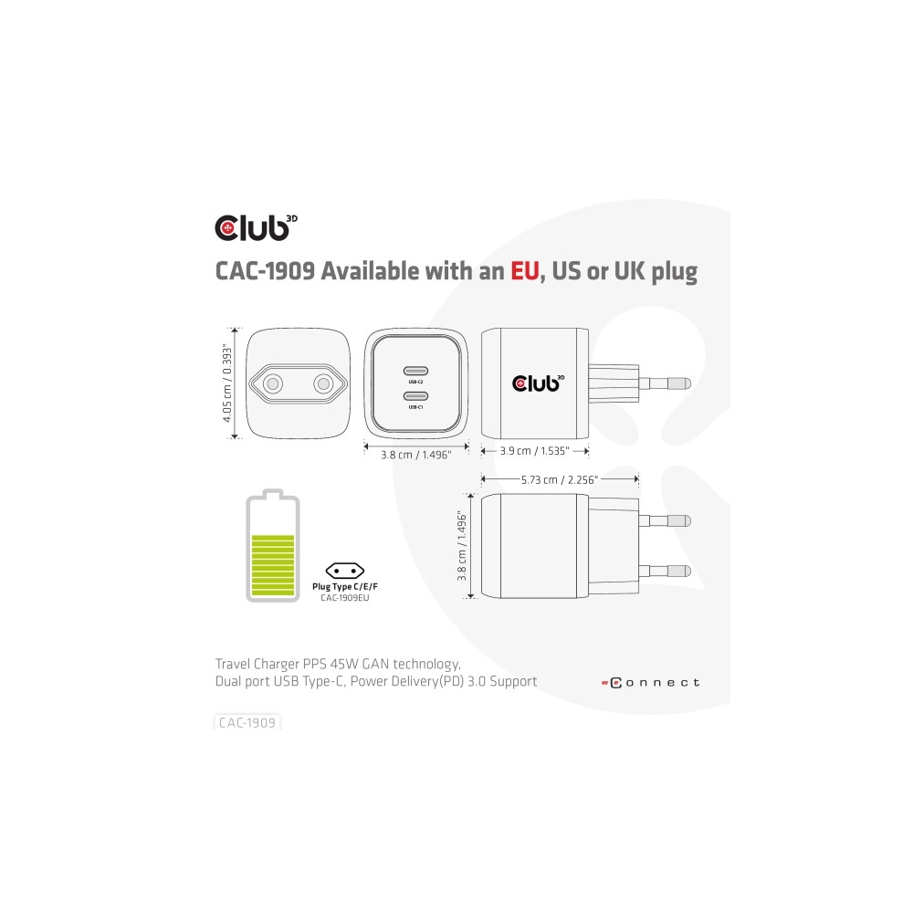Produktbild för Club 3D CAC-1909 strömadapter - PPS- och GaN-teknik - 2 x USB-C - 45 watt